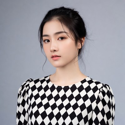 Asian woman in black white checkered top