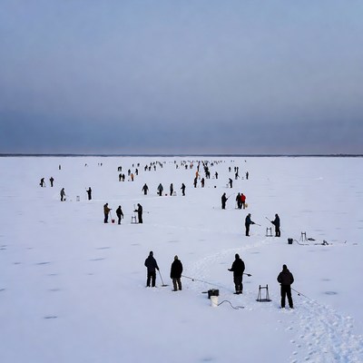 Ice Fishing Group on Frozen Lake
