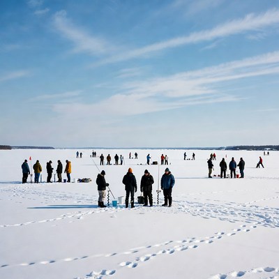 Ice Fishing Group on Frozen Lake