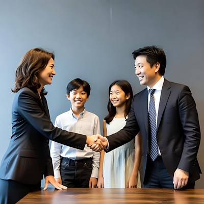 Asian family shaking hands with businesswoman