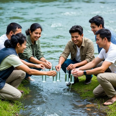 Asian group collecting water from river