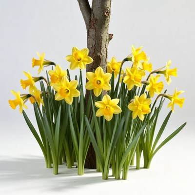 Yellow Daffodils Around Tree Trunk