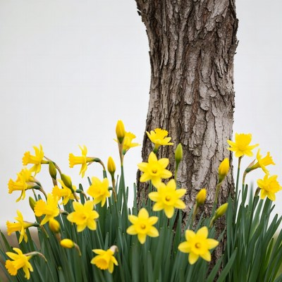 Yellow Daffodils by Tree Trunk