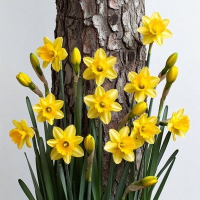 Yellow Daffodils Against Tree Trunk