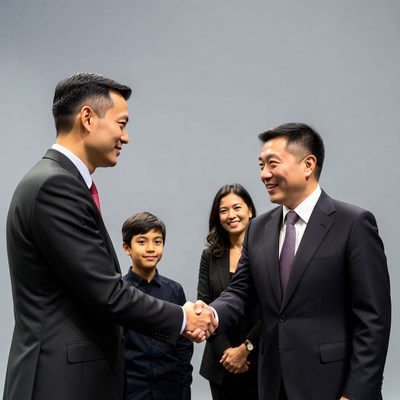 Asian family shaking hands in suits