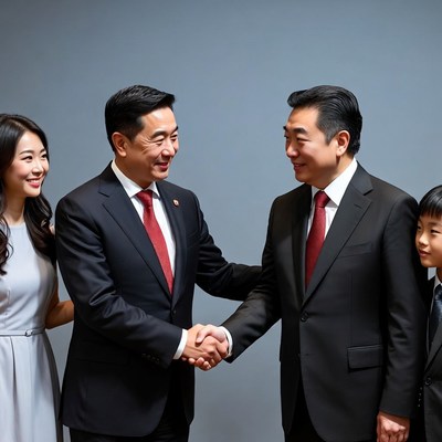 Asian family shaking hands in suits