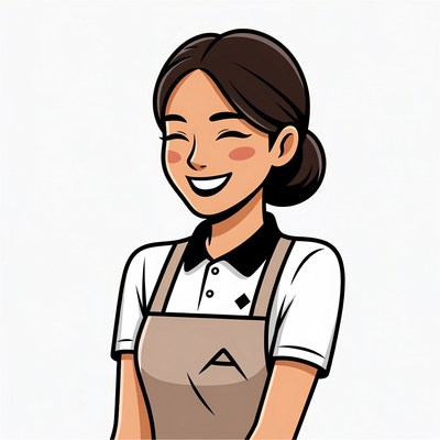 Smiling Asian woman in uniform apron