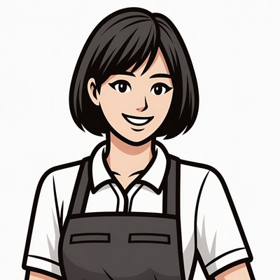 Asian woman in white shirt and black apron