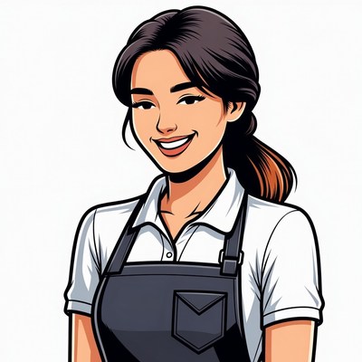 Smiling Asian woman in white shirt black apron