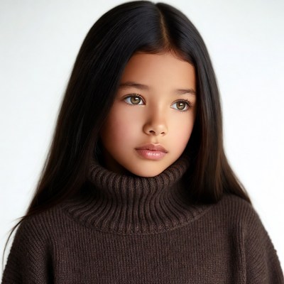Asian girl in brown turtleneck sweater