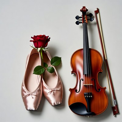 Pink Ballet Slippers with Red Rose and Violin