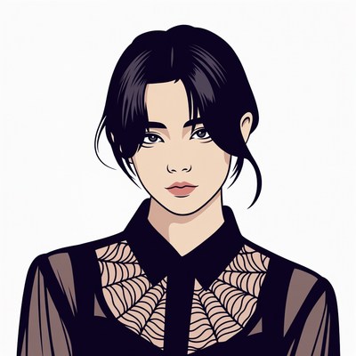 Asian woman in sheer spiderweb blouse