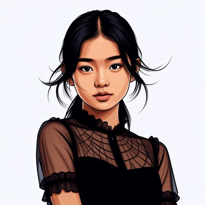 Asian woman in sheer black lace top