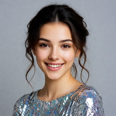 Smiling woman in silver sequin dress