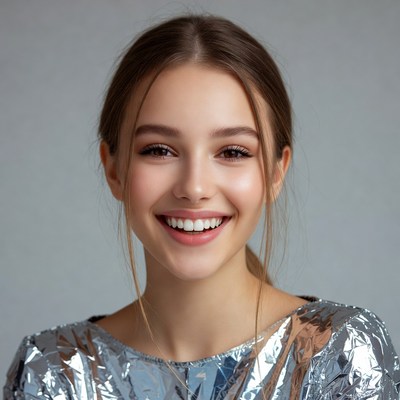 Smiling woman in silver dress