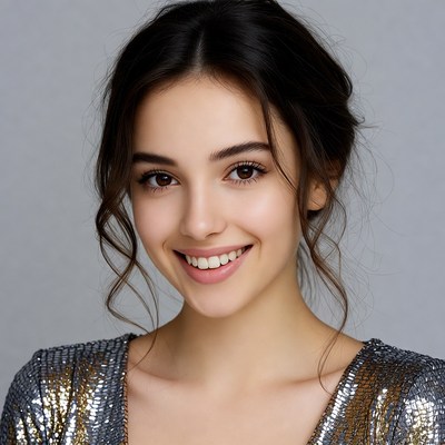 Smiling woman in sequin top