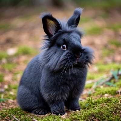 Black fluffy bunny on moss
