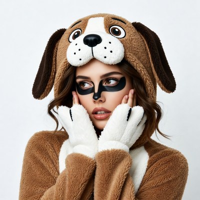 Woman in brown dog onesie hood