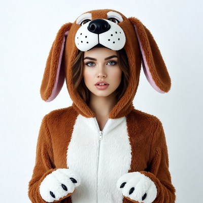 Woman in brown dog onesie costume