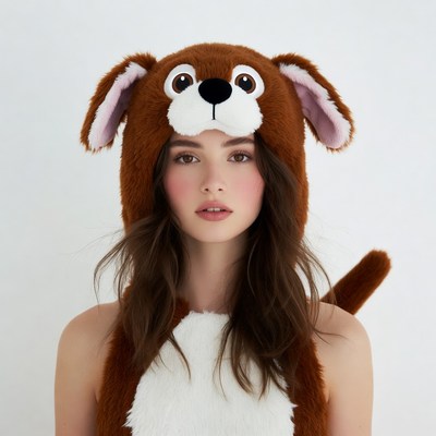 Woman wearing brown dog costume
