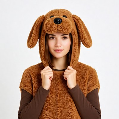 Woman wearing brown dog hoodie