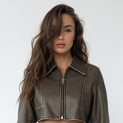 Woman in brown leather crop jacket