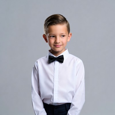 Young boy in white shirt black bowtie