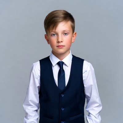 Young boy in navy vest suit