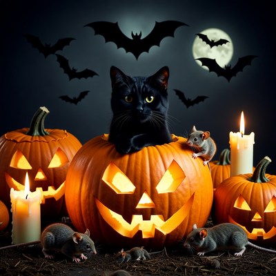 Black Cat on Halloween Pumpkin with Rats