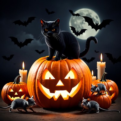 Black Cat on Halloween Pumpkin