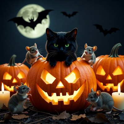 Black Cat with Mice on Halloween Pumpkin