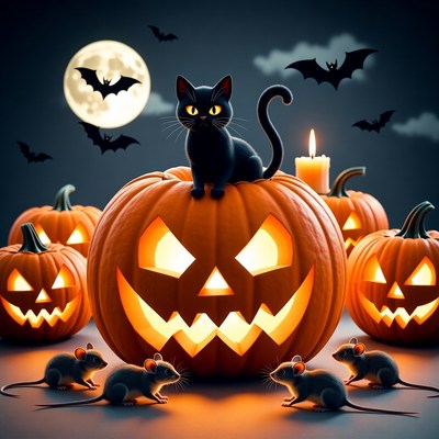 Black Cat on Halloween Pumpkin with Rats
