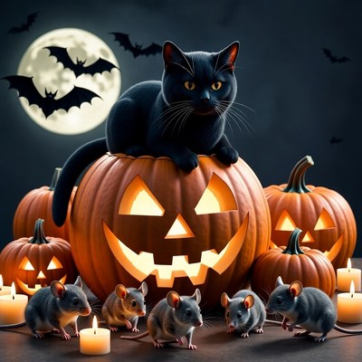 Black Cat on Halloween Pumpkin with Rats