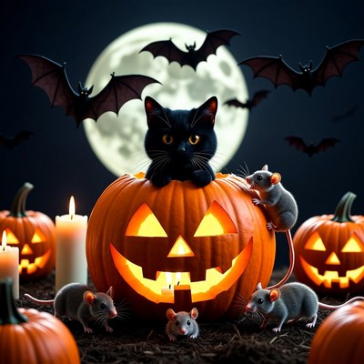 Black Cat in Jack-o-Lantern with Mice