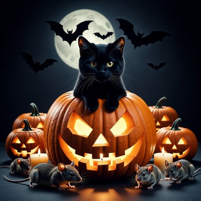 Black Cat on Halloween Pumpkin with Rats