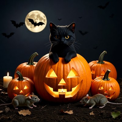 Black Cat on Halloween Pumpkin