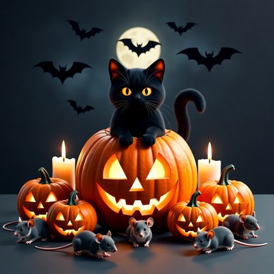 Black Cat in Jack-o-Lantern with Rats