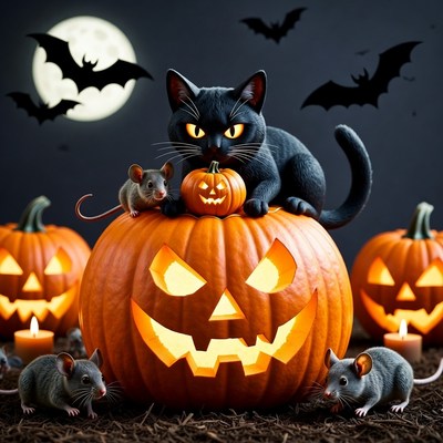 Black Cat on Halloween Pumpkin with Mice