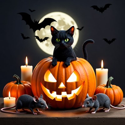 Black Cat on Jack-o'-lantern with Rats