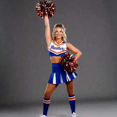 Blonde cheerleader holding Panthers pom poms