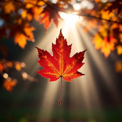 Red Maple Leaf with Sun Rays