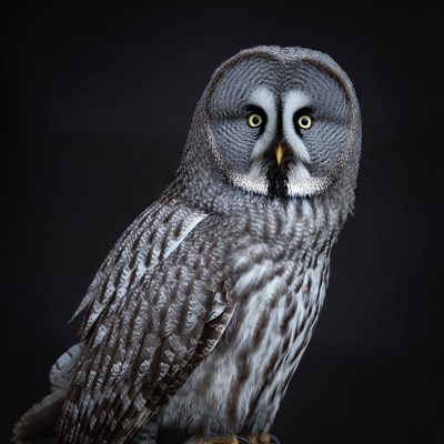 Great Grey Owl on black background