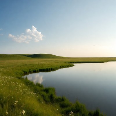 Green Hills and Pond Landscape