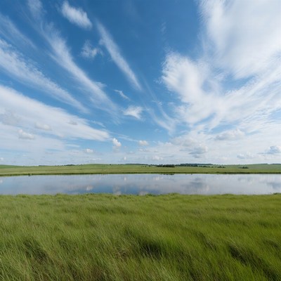 Grassland Pond with Blue Sky Reflection