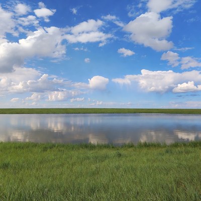 Green Grass Lake Blue Sky Clouds