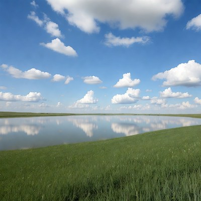 Small lake reflecting clouds and green fields