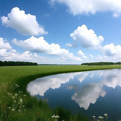 Green Field Pond with Cloud Reflections