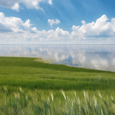 Green grass field by calm lake