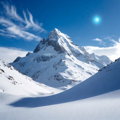 Snowy Mountain Peak with Blue Moon