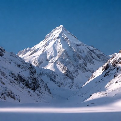 Snowy Mountain Peak with Crescent Moon